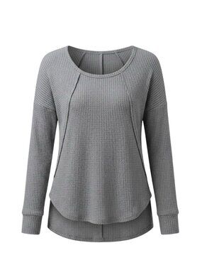 Gray Ribbed Long Sleeve Tunic Top Distressed Exposed Seam Curved Hem Size L